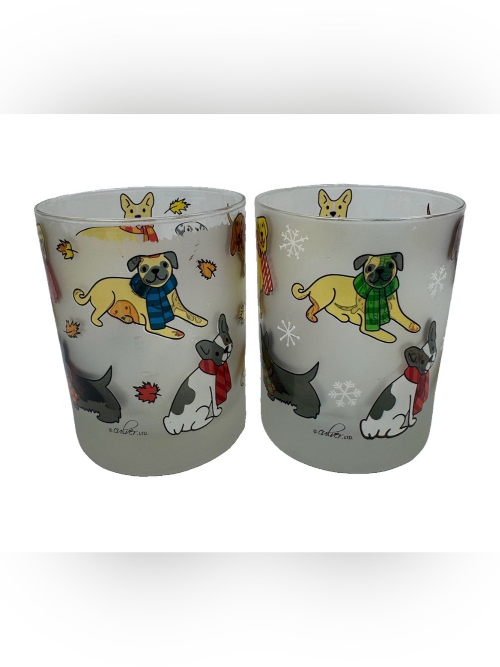 Culver Ltd Frosted Glasses Dogs In Scarves Set Of 2 Rocks Tumblers Flawed As Is